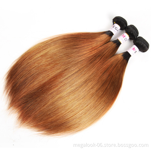 Megalook Hair Discounts Pre-colored Straight Brazilian Human Hair Wholesale Ombre Hair Weave Extension 3 Bundle with Closure